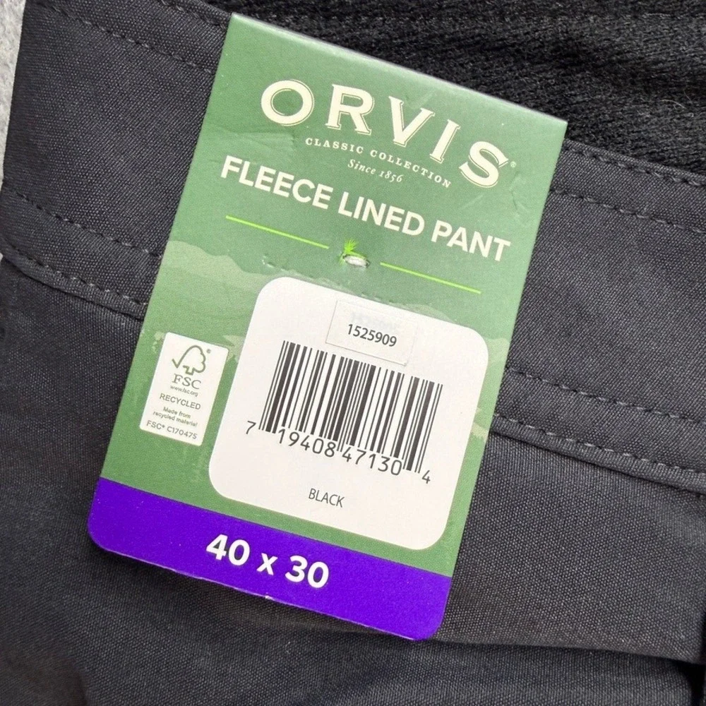 Orvis Fleece Lined Pant Straight Fit 40x30 Black Stretch Nylon‎ Outdoor Warm NWT